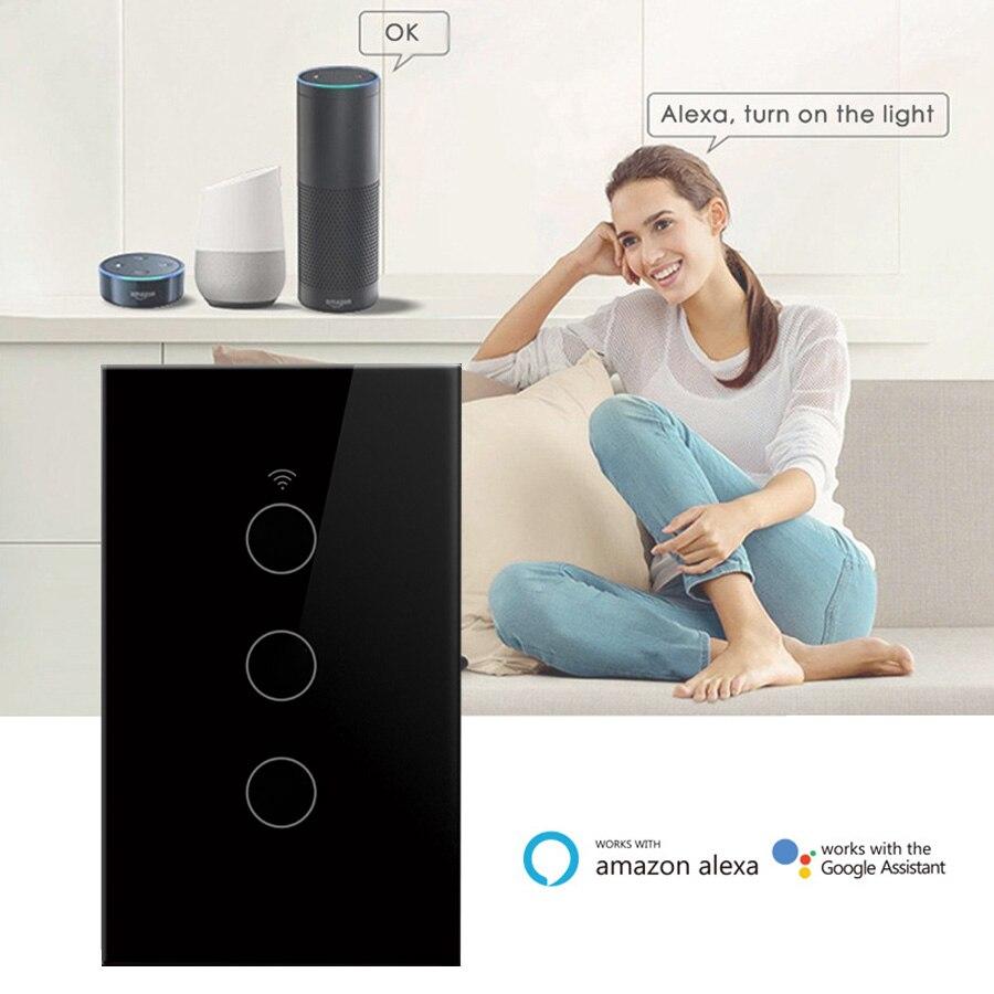 Tuya WiFi Smart Light Switch 1/2/3 Gang Сенсорный выключатель без нейтральной линии Управление по стандарту США с помощью приложения Работает с Alexa Google Home