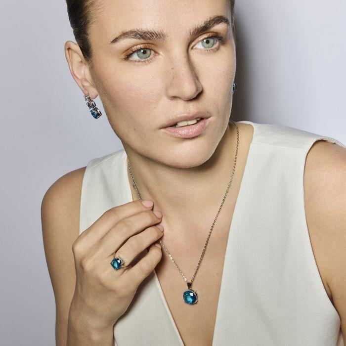 Collier - LUXENTER - Ankru (Africa Fantasia) - Zircone topaze bleue - Finition rhodium argent - Pendentif 14 mm, 42+3 cm