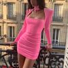 Hollow Out Pink Dress 2022 Long Sleeve Night Club Party Dress Turtleneck Bodycon Dress Women Shoulder Pad Pleated Dress 19388