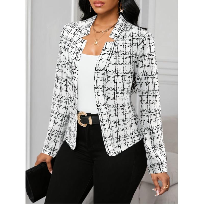 Women's Lightweight Plaid Long Sleeve Jacket - Stylish Open Front Outerwear for Spring & Fall, Black & White Houndstooth Pattern,