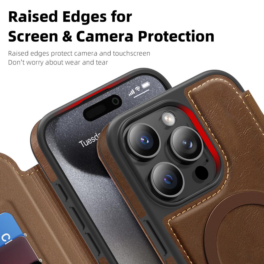 Для iPhone 15 Pro Чехол Совместимый с MagSafe Блокировка RFID Держатель для карт Кожаный чехол для телефона