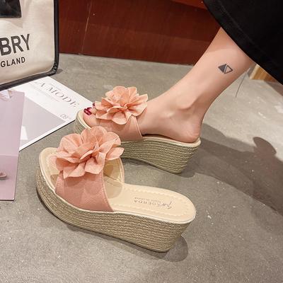 Летние туфли на толстой танкетке с каблуком-шлепанцем, повседневные женские туфли с открытым носком и цветочным принтом, модная верхняя одежда, легкие шлепанцы на высоком каблуке