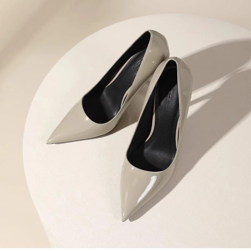 Модные остроносые туфли на высоком каблуке женские весенние новые серые элегантные юбочные на тонком каблуке профессиональные для работы кожаные с неглубоким вырезом