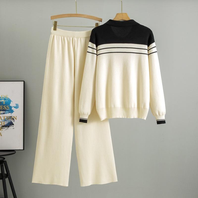 Женский свитер в полоску большого размера, весенний, новый, свободный, модный, повседневный, трикотажные брюки с широкими штанинами, комплект из двух предметов