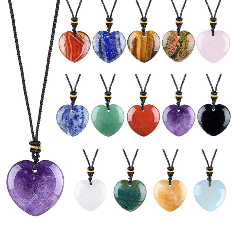 1pc 30mm Natural Stone Pendant Necklace Heart Amethyst Rose Quartz Pendant Necklace for Women Men Jewelry Party Gift