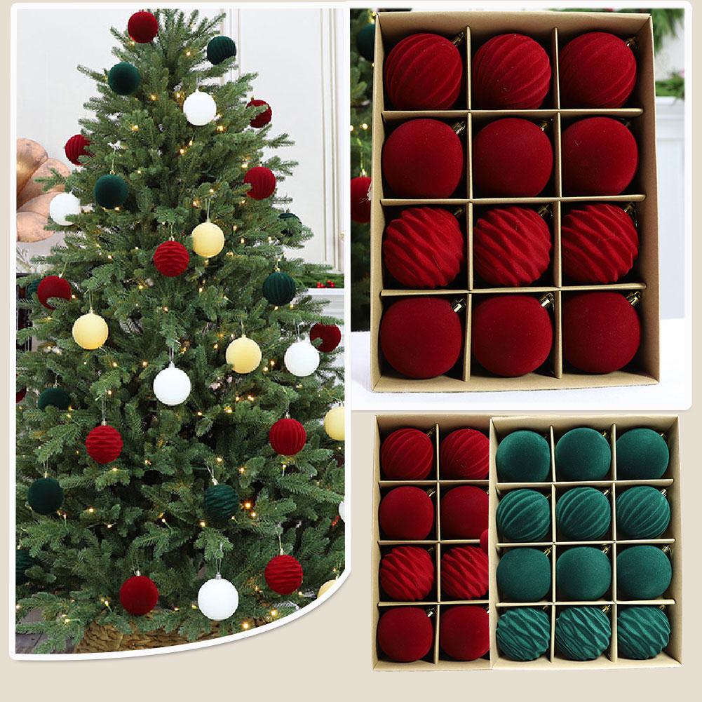 Velvet Christmas Balls Green 12pcs Flocked Christmas Tree Ornaments Assortment for Xmas Tree Holiday Decor
