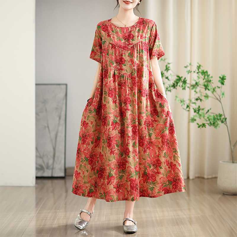 Summer New Vintage Cotton-Linen Printed Round-neck Short-Sleeve Dress for Women Loose Fit Large Size Slimming Design with Patchwork Pattern