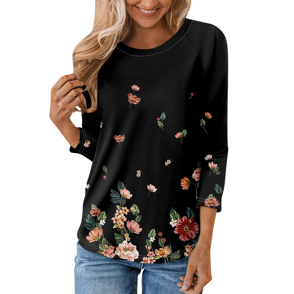 Женская модная повседневная рубашка с круглым вырезом и рукавами 3/4, свободная футболка с принтом, женский топ