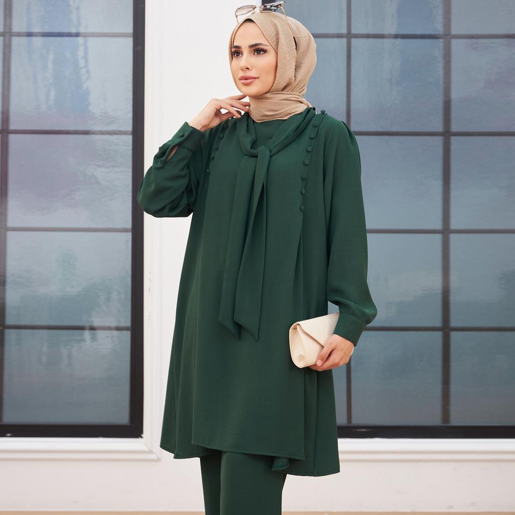 Foulard Collar Women Tunic Pants Double Suit Combine Islamic Muslim Casual Fashion Loose Summer Summer New Season Turkey