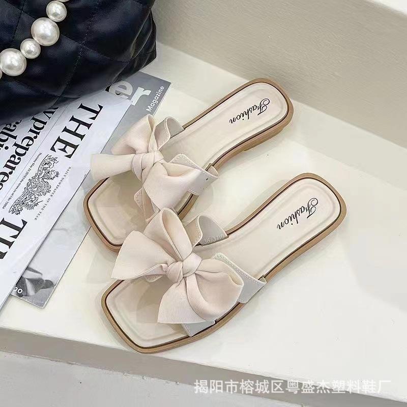 Fashion 2024 New Bow Slippers for Women's Summer Outwear Fashion Home Flat Bottom Anti Slip Fairy Style Slippers Luxury Women's Shoes