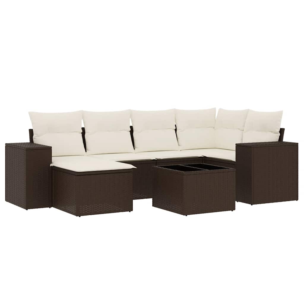 7 Piece Garden Sofa Set with Cushions Brown Poly Rattan