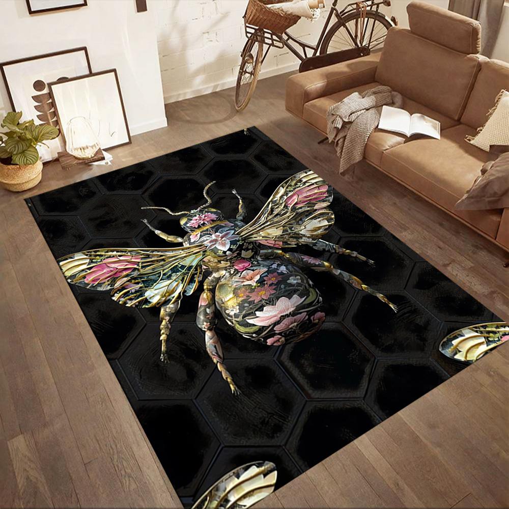 Golden Bees On Black Background Floor Mats for Living Room, Bedroom and Room Decoration Are Suitable for Gifts.