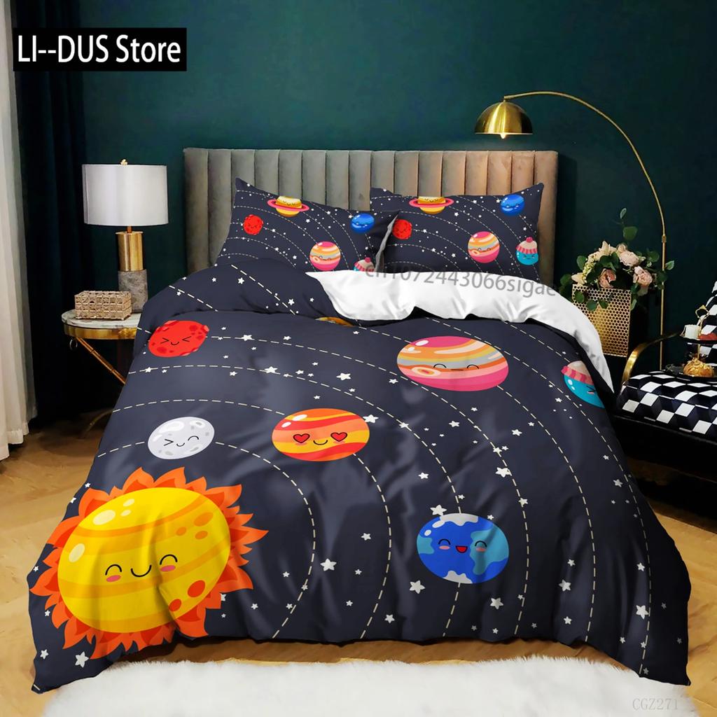 Пододеяльник с изображением космического корабля для мальчиков, детский комплект постельного белья с изображением астрономии, микрофибра, космические приключения, красочный космический корабль, королевский пододеяльник