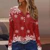 Длинные рукава женские топы с цветочным принтом винтажная мода повседневные свободные с V-образным вырезом рубашки больших размеров Рождество