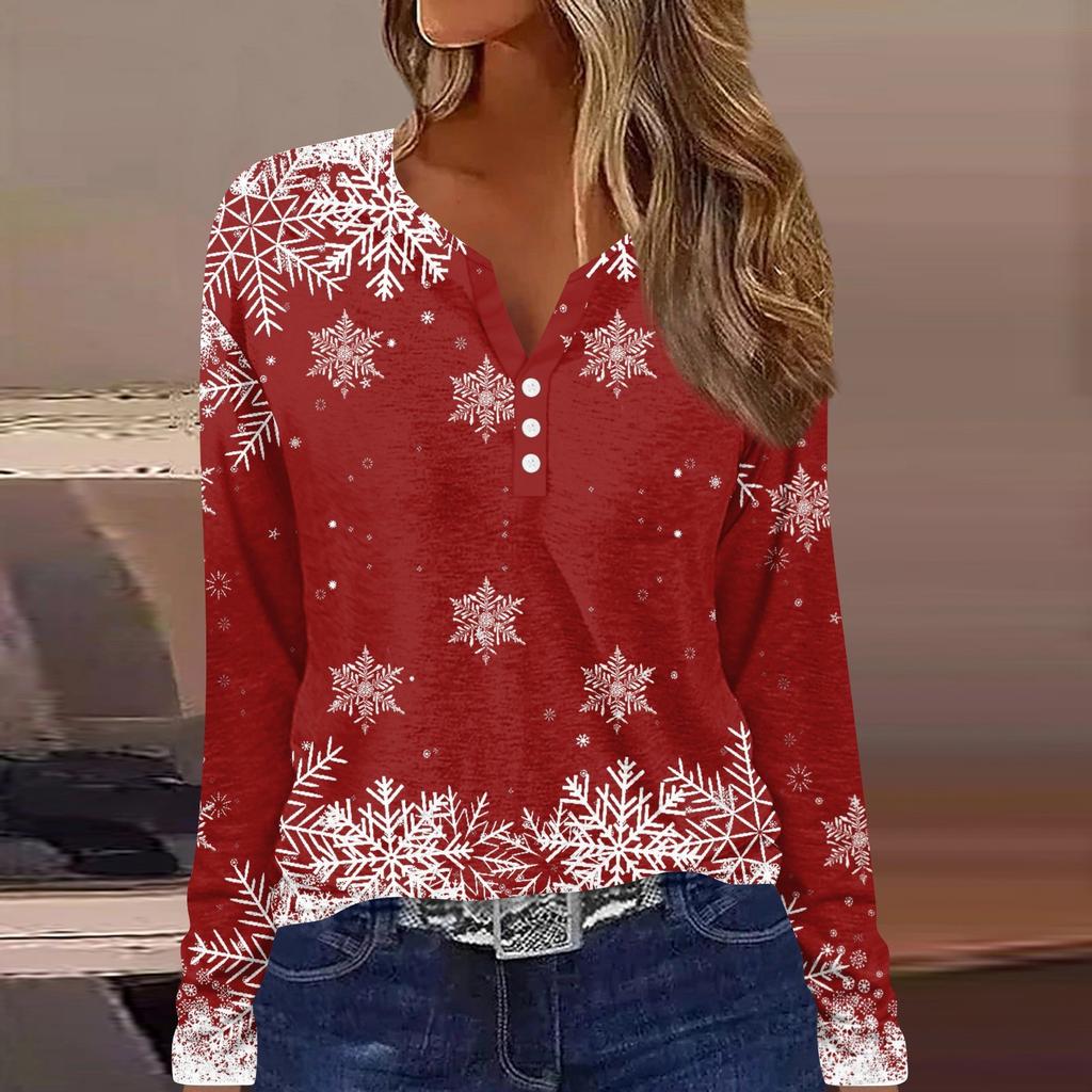 Длинные рукава женские топы с цветочным принтом винтажная мода повседневные свободные с V-образным вырезом рубашки больших размеров Рождество