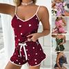 1 Set Women Pajamas Set Camisole Sleeveless Elastic Waist Sleeping Wear Polyester Heart Print Summer Pajamas Set Sleeping Garment