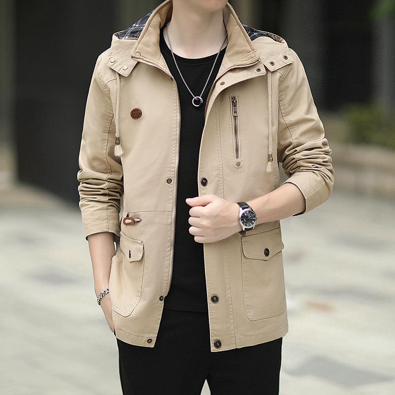 Весна и осень хлопковая стираная куртка мужская свободная повседневная новая тренчкот средняя и длинная куртка с несколькими карманами большой размер