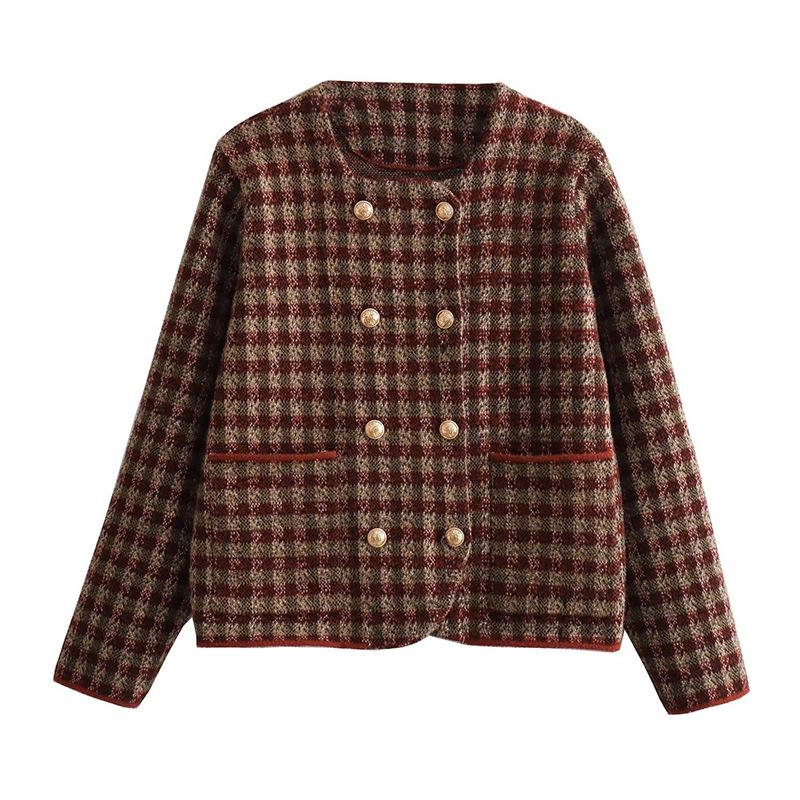 Осенняя женская короткая куртка с круглым вырезом и длинным рукавом в клетку с принтом, повседневная ветровка
