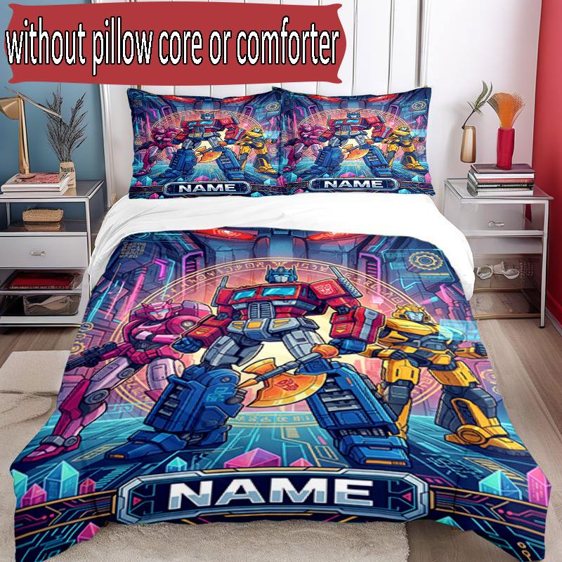 3pcs Duvet Cover Set (1*Duvet Cover + 2*Pillowcase, Without Core), Custom Name Transformers Pattern Bedding Set, Home Bedroom Decor Gift