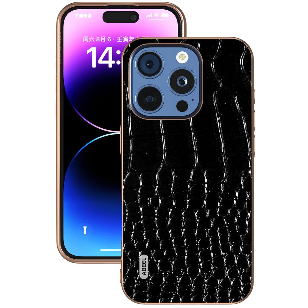 ABEEL For iPhone 16 Pro Max Case Electroplating Edge Crocodile Texture Genuine Cow Leather Back Phone Cover