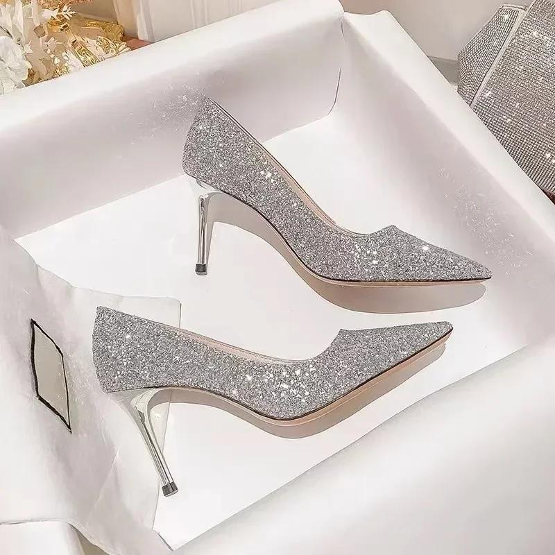 High Heels Women Wedding Shoes Bride Gold Heels Luxury Designer Elegant Party Sandals Dress Banquet Sequins Sandalias De Tacón