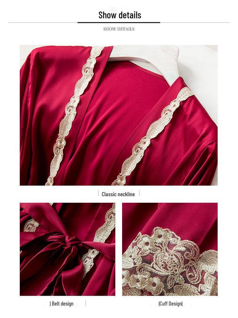 Women's Silk Five-Piece Pajama Set: Spring/Autumn Nightdress & Robe with Chest Pad