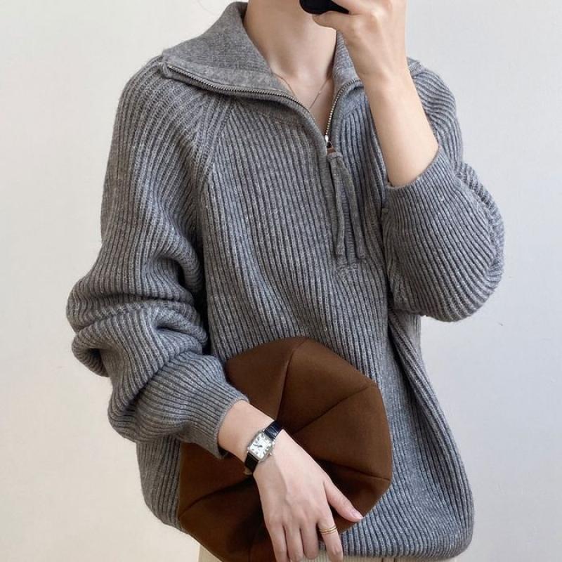Женские свитера, осенне-зимние топы с длинными рукавами, свободная вязаная водолазка на молнии, однотонный пуловер, модный повседневный свитер большого размера