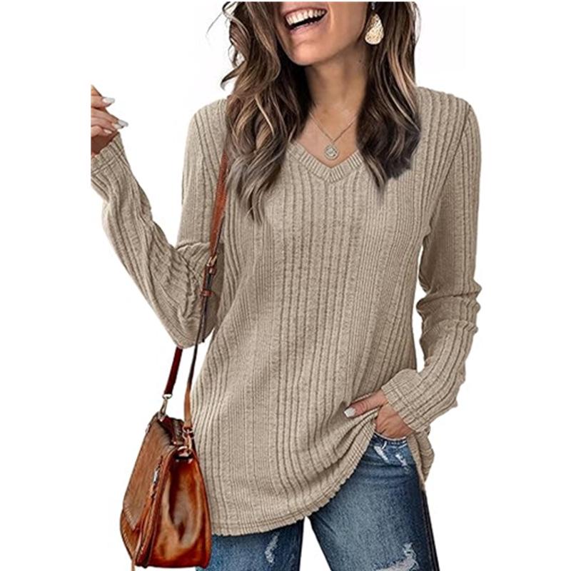 Женский топ с V-образным вырезом, рубчатой вязки, с длинным рукавом, Осень/Зима 2024