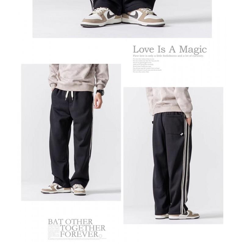 Unisex Winter Warm Fleece-Lined Straight Leg Stripe Pants Streetwear Casual Trousers Teens