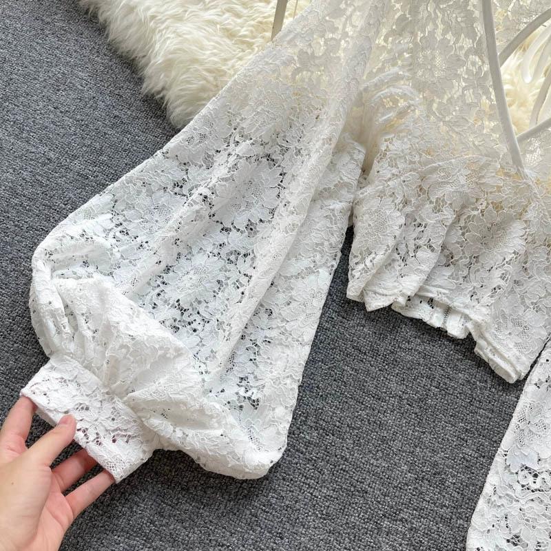 Короткая утягивающая рубашка со шнуровкой и открытой спиной, прозрачная кружевная рубашка с цветочным принтом, осенний наряд, новый корейский стиль, стильная маленькая рубашка, универсальный топ для женщин