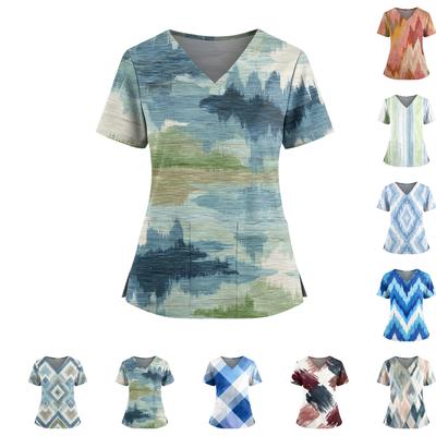 Женский топ с градиентным принтом, V-образным вырезом, двойным карманом, короткими рукавами, разрезом по низу, униформа для ухода
