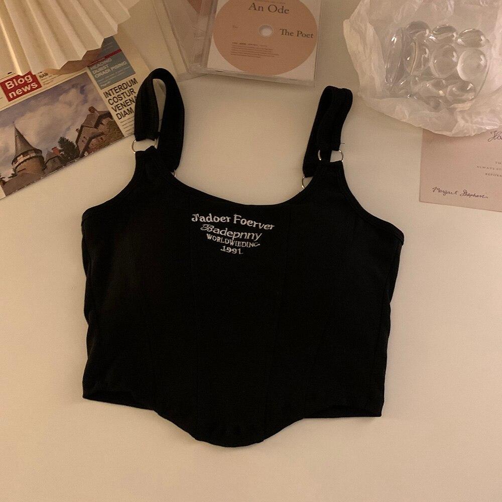 Letter Embroidered Knitted Short Tank Tops With Bra Pad Sexy Slim Stripe Tops Shoulder Belt Iron Ring Tank Top