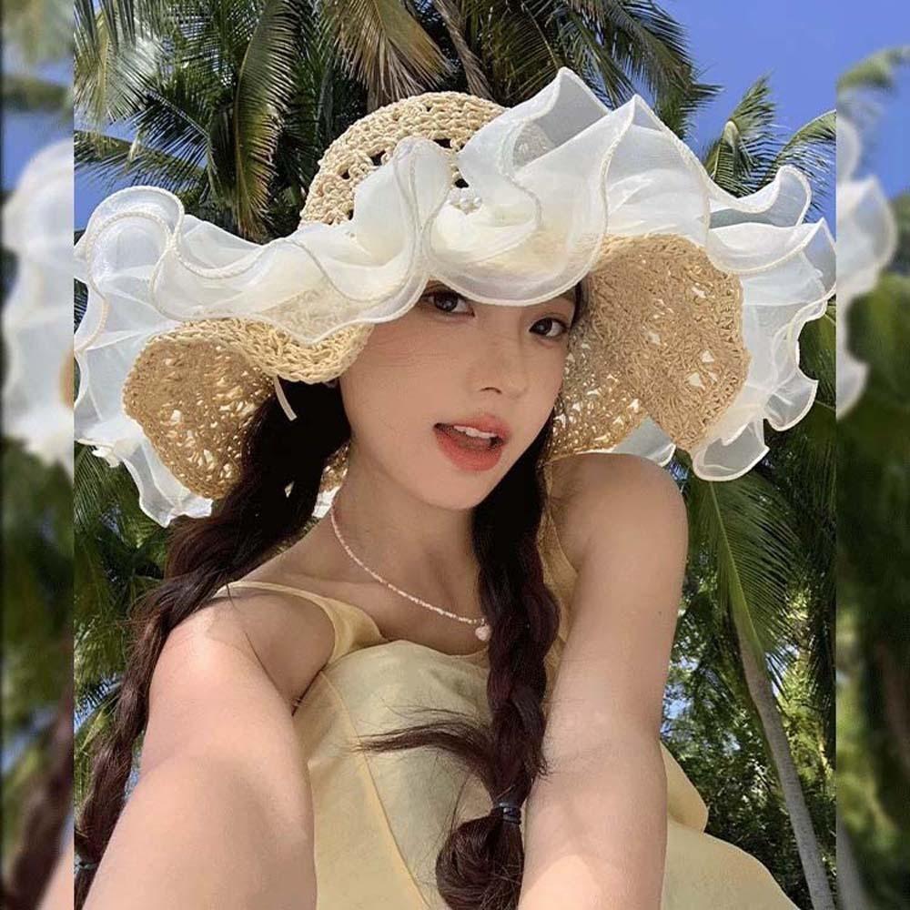 Breathable Lace Pearls Sun Cap Portable Big Brimmed Woven Cap Sweet Straw Weaving Beach Hat  Spring
