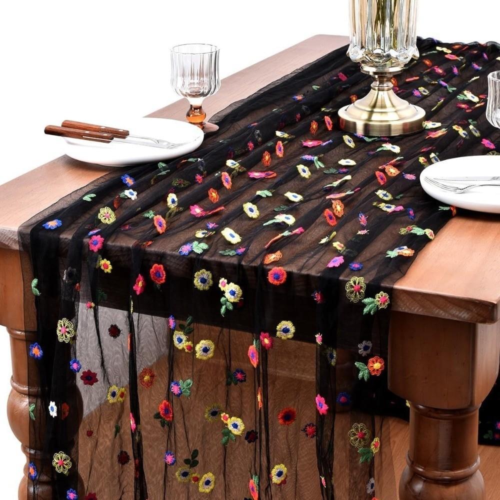 Semi-Transparent Tulle Table Runner Boho Floral Tablecloth Embroidery Daisy Table Runner  Party