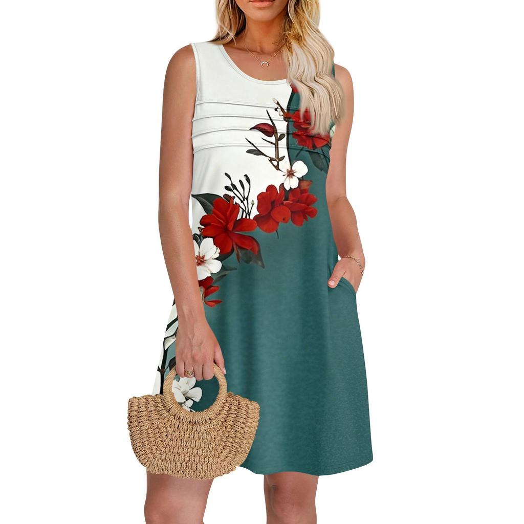Женские летние платья с круглым вырезом, плиссировкой спереди, без рукавов, карманами, сарафаном, повседневным платьем