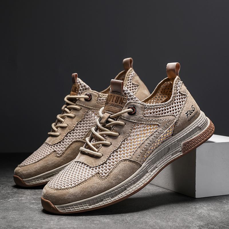 Мужские дышащие сетчатые кроссовки из свиной кожи в стиле кэжуал, модные лоскутные мужские кроссовки, летняя мужская удобная и мягкая обувь для ходьбы