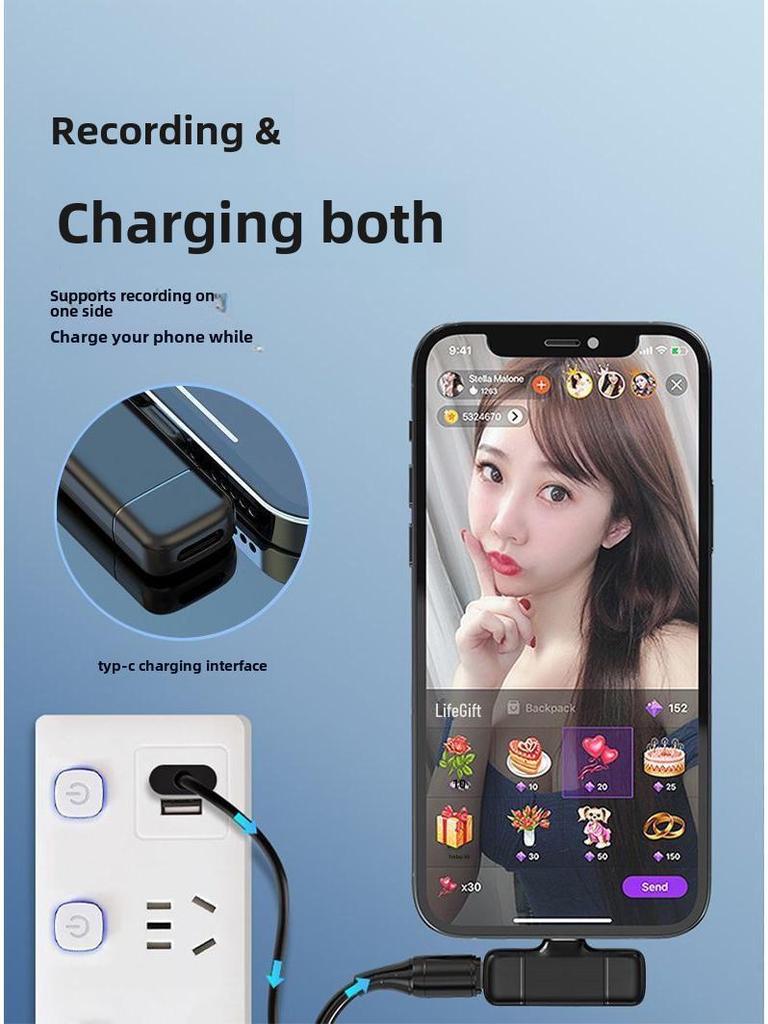 Беспроводной прикрепляемый микрофон с зарядным чехлом, индикатором заряда, высокой громкостью, потоковой передачей на мобильные устройства, короткими видео, шумоподавлением.