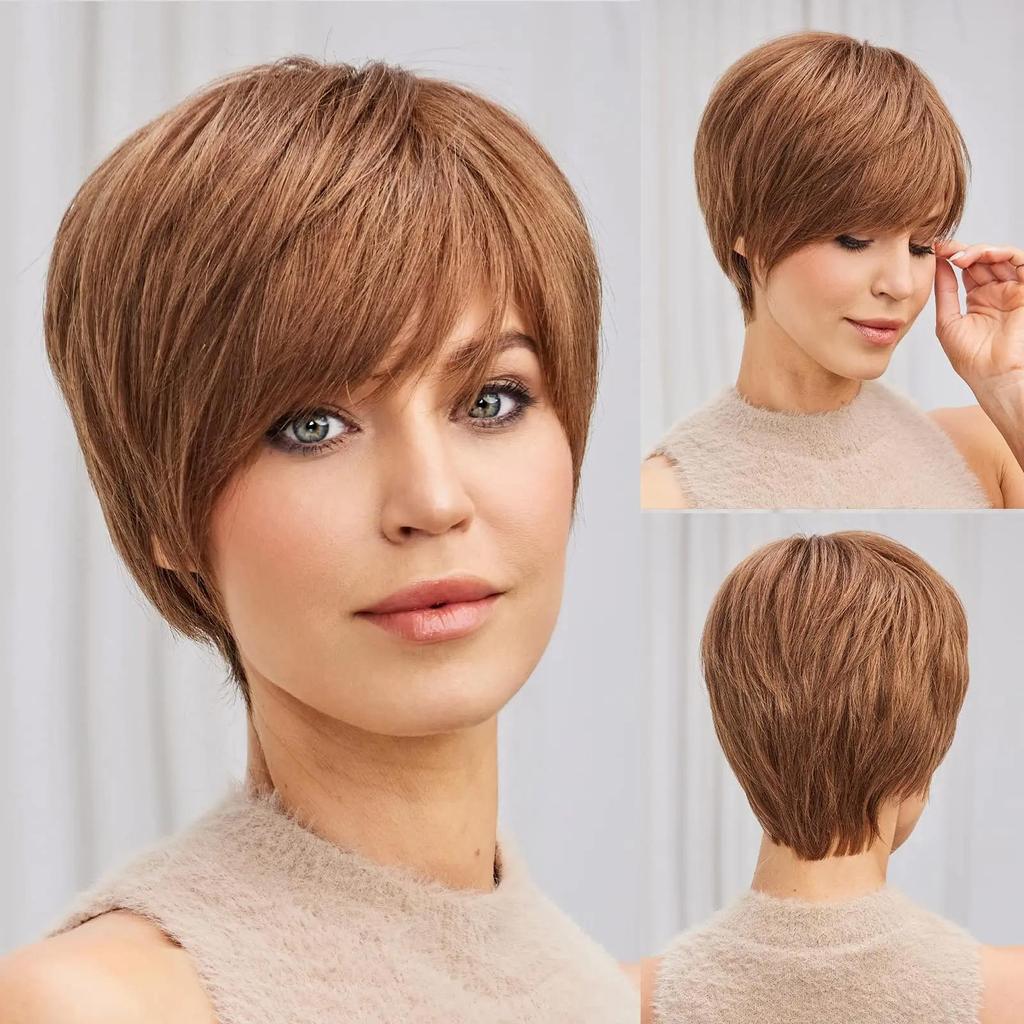 HAIRCUBE Bob Pixie Cut Шоколадно-коричневые прямые многослойные парики из человеческих волос Remy с челкой Короткие натуральные бесклеевые парики из человеческих волос для женщин