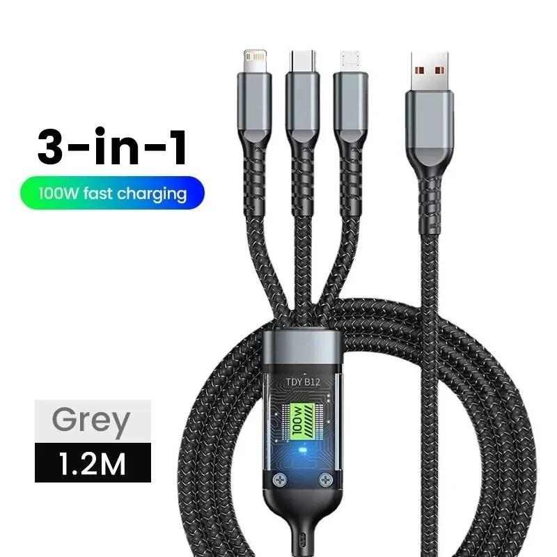 3 In 1 Universal 100W Fast Charging Cable for iPhone 11 12 13 14 15 Samsung Honor Xiaomi Redmi POCO Micro USB Type-C Cable 1.2m