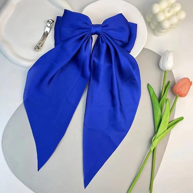 1 Pcs Fashionable Solid Color Ribbon Bow Hair Clip Women's Elegant Long Satin Large Bow Spring Clip Hair Accessory Top Clips