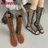 Мода Новая Мода Перекрестная Обувь Балетки Женские Сапоги до колена Обувь Женская Круглый носок Дамские Длинные Сапоги-гладиаторы