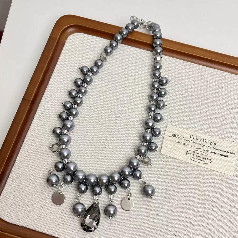 Grey Pearl Water Drop Pendant Neckchain Fashion Women's Clavicle Chain  Party