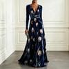 Women's Elegant V-Neck Floral Print Velvet Long Sleeve Evening Dress with Fitted Waist