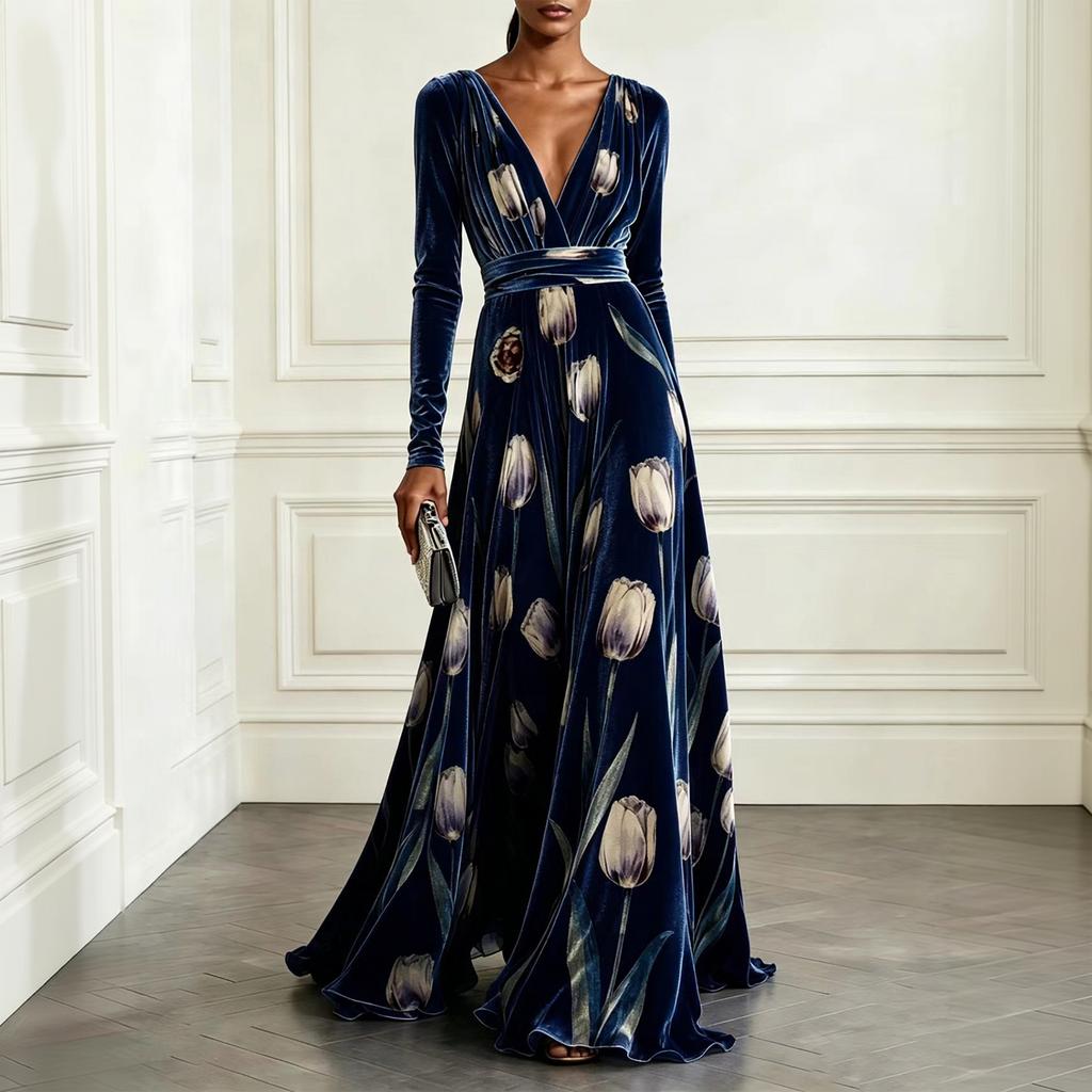 Women's Elegant V-Neck Floral Print Velvet Long Sleeve Evening Dress with Fitted Waist