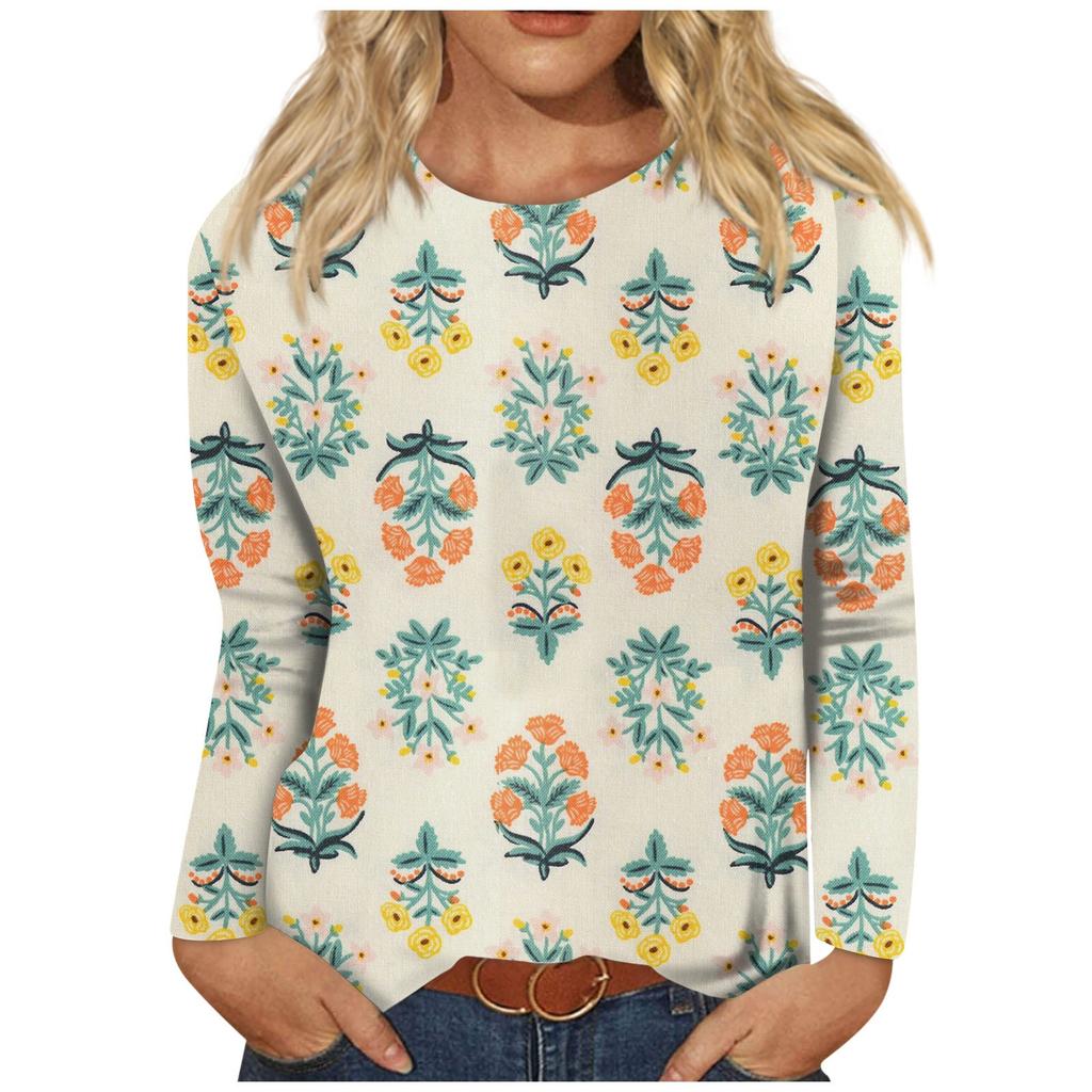 Женская мода, повседневная блузка с длинным рукавом и цветочным принтом, пуловер с круглым вырезом