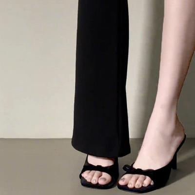 Тапочки женские летние модные черные атласные банты с надписью «рыбий рот» с открытым носком на высоком каблуке классные тапочки женские