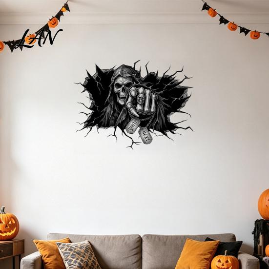 Haunted House Decoration Grim Reaper Wall Sticker, 3D Breaking Through Art Decal, Scary Halloween Decor Skull Mural for Home Bar Pub Party Supplies