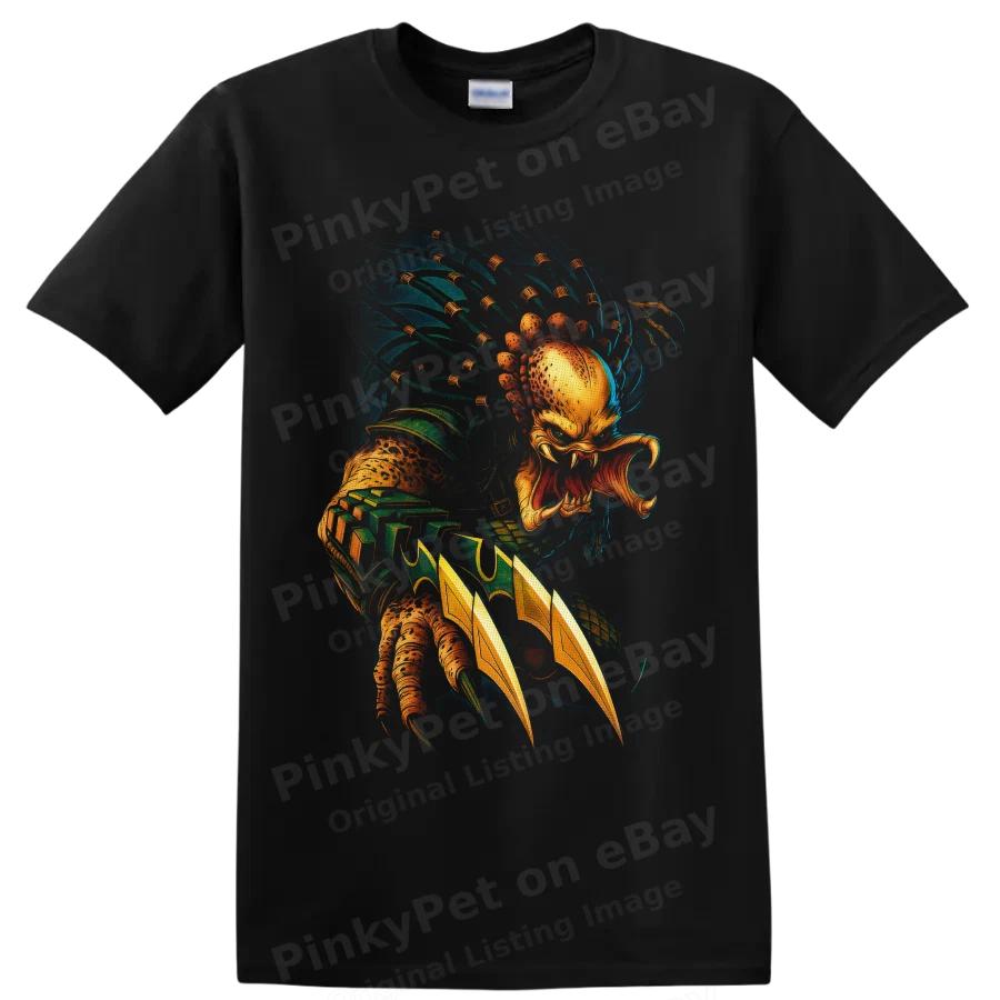 Alien Hunter T Shirt w/ Sci Fi Monster Warrior Art Retro Horror Movie Tee Print