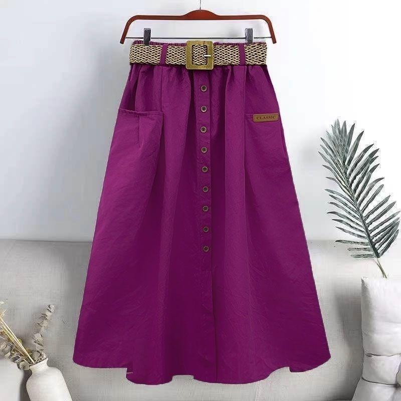 Cotton Midi Skirt With Belt Women Single -Breasted Large Pockets High Waist A -Line Skirt Autumn Summer Korean Fashion Long Skirt