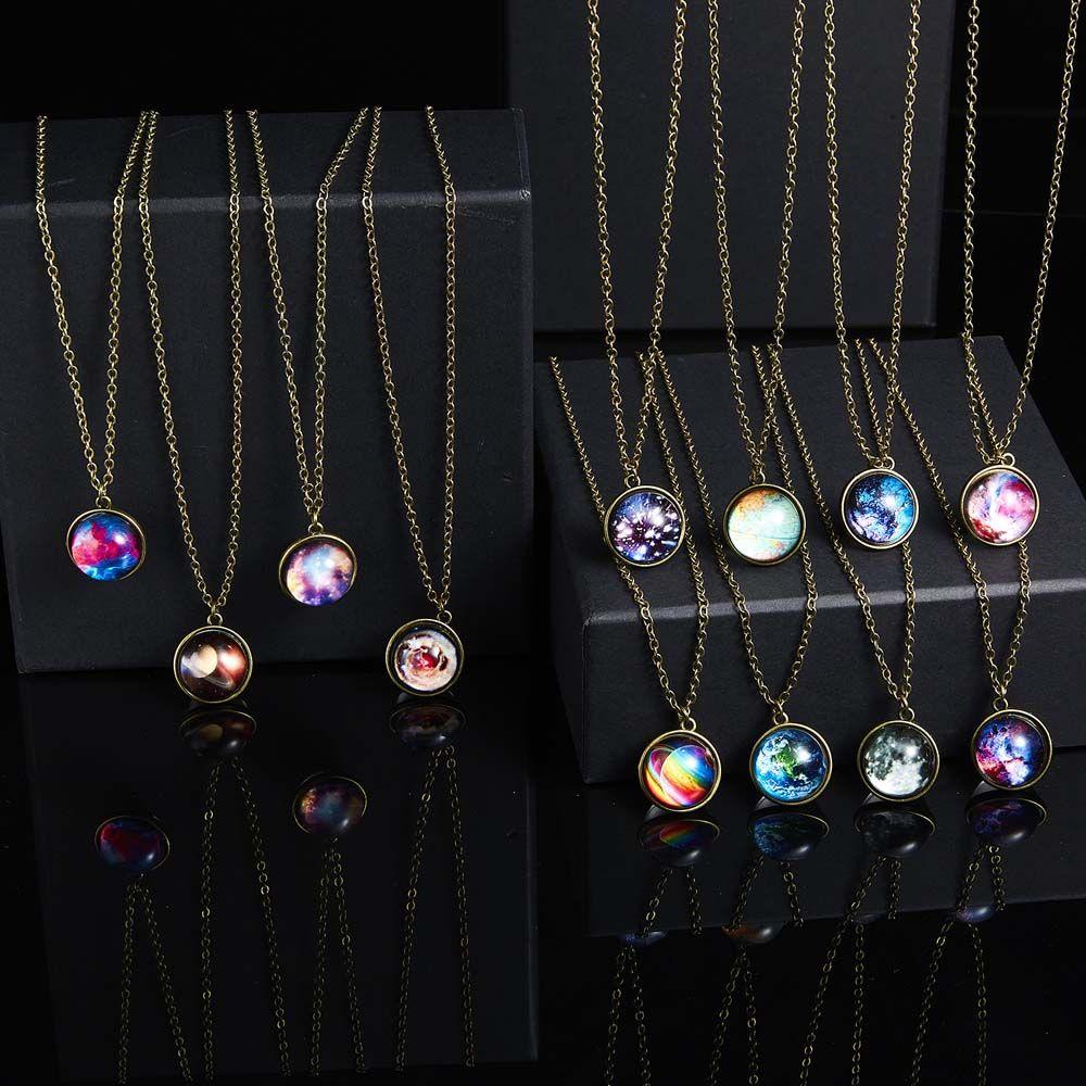 Planet Galaxy Zinc Zinc Alloy Double Side Universe Jewelry Double Side Pendant Clavicle Chain Necklaces